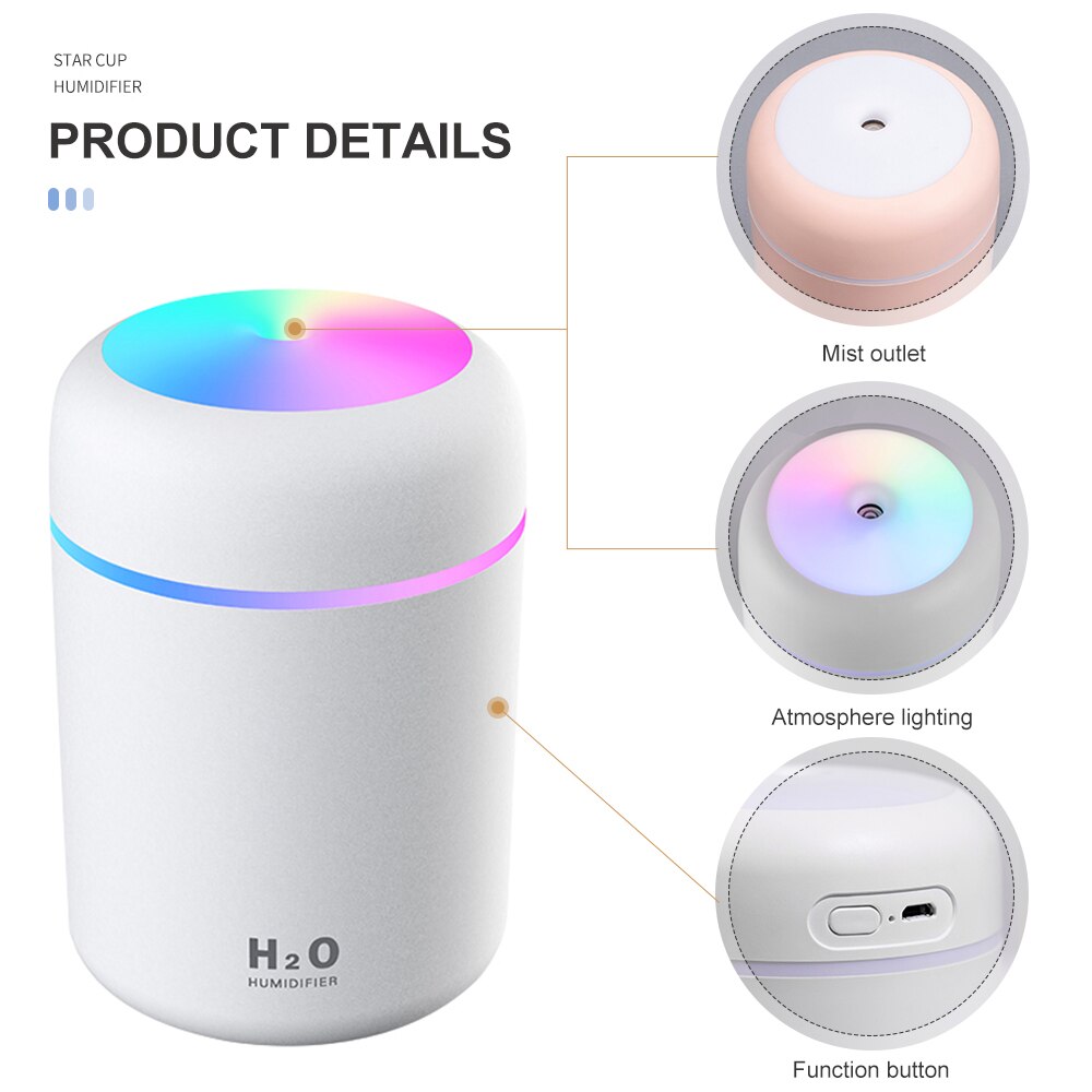 Draagbare 300ml luchtbevochtiger, usb, ultrasone dazzle cup, aroma diffuser, koele mistmaker, luchtbevochtiger en luchtreiniger met romantisch licht