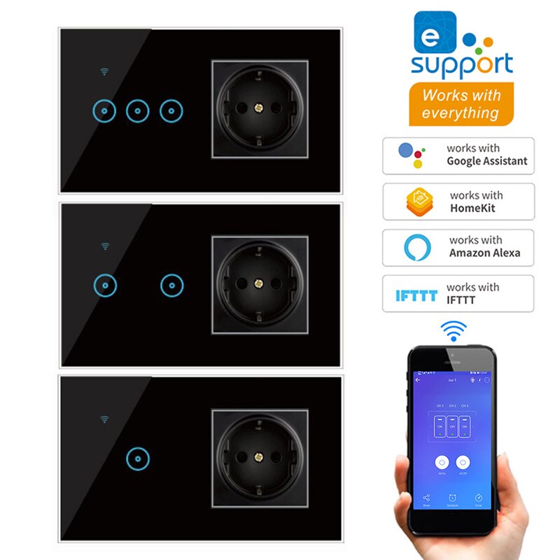 EU Standard Smart Light Switch Panel Wall 1/2/3 Gang wifi Light Switch 90V-240V AC WiFi EU Socket Work with Alexa Google Home