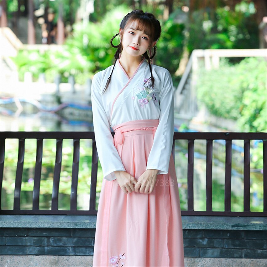 Ancient Woman Traditional Chinese Hanfu Dress Fairy Folk Dance Costume Embroidery Party Halloween Tang Clothing Set: Pink / S