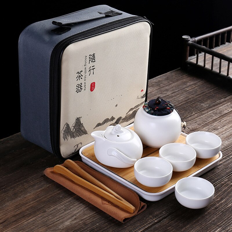 Juego de té chino de viaje, tetera de cerámica portátil de Kung Fu, tazas de té de porcelana, bolsa de té para ceremonia