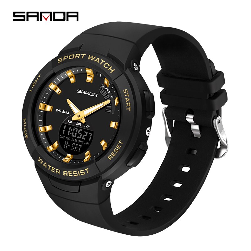 SANDA 6005 Children Sport Digital Watch Men Wristwatch Stopwatch Alarm Students 12/24 Hour Clock Relogio Masculino: Black Gold