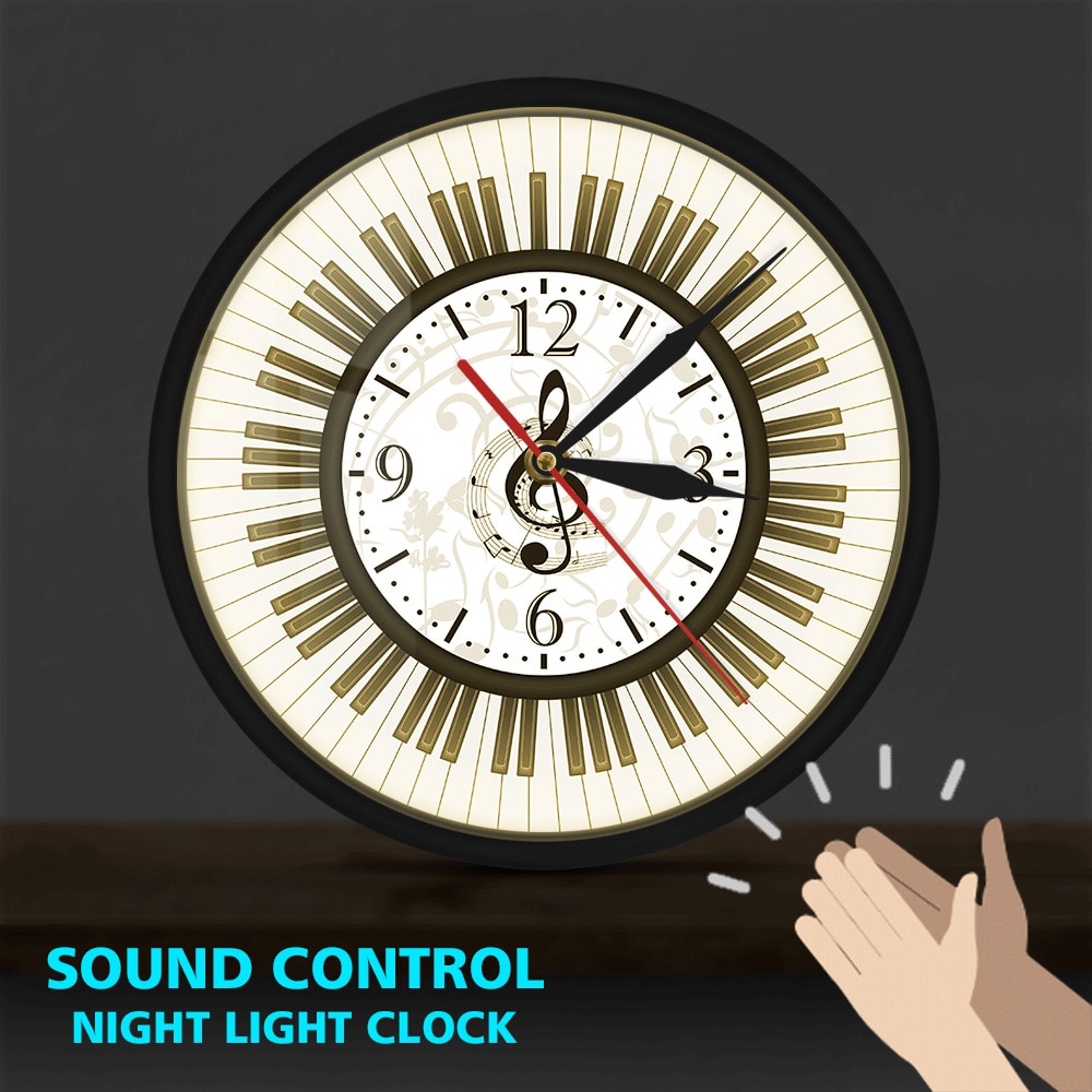 Teclado de Piano con marco de Metal, reloj LED de arte de pared, Control de sonido, notas musicales, reloj de pared, estudio de música, decoración, de pianista