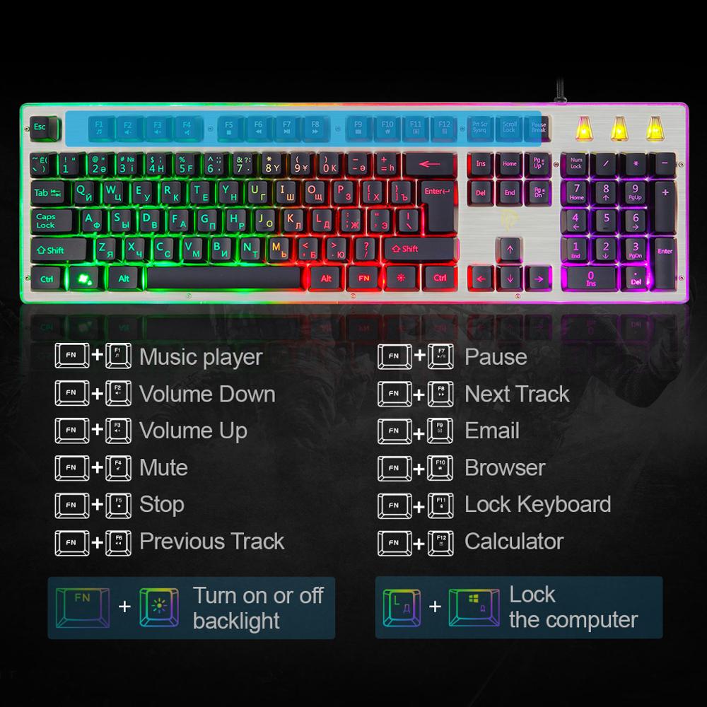 Gaming Keyboards 104-Keys RGB LED Backlit Wired Mechanical Feel Russian Keyboard for PC Laptop Tablet Gamer