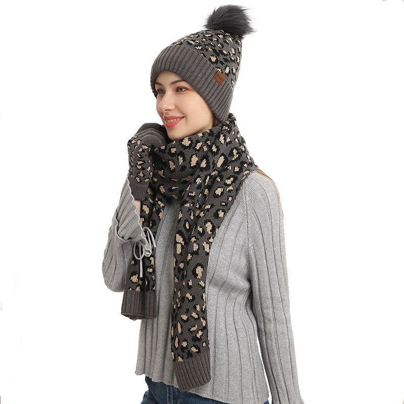 Driedelige Vrouwen Handschoen Gebreide Hoeden Sjaal Handschoenen Set Hoed Pompon Winter Warm Mitten Cap Beanie Sets Caps mode Zachte Herfst: dark gray