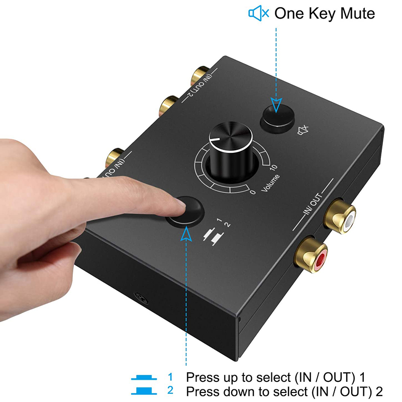 R/L Stereo Audio Bi-Directional Switcher 2 Input 1 Output, R/L Stereo Audio Switch Splitter 2X1/1X2, with Mute Button