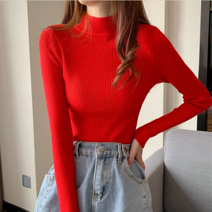 Zjaiss 2025 Herfst Basic Dieptepunt Trui Top Vrouwen Geribbelde Zachte Mock Hals Elastische Trui Warme Effen Kleur Slanke Jumper: Rood