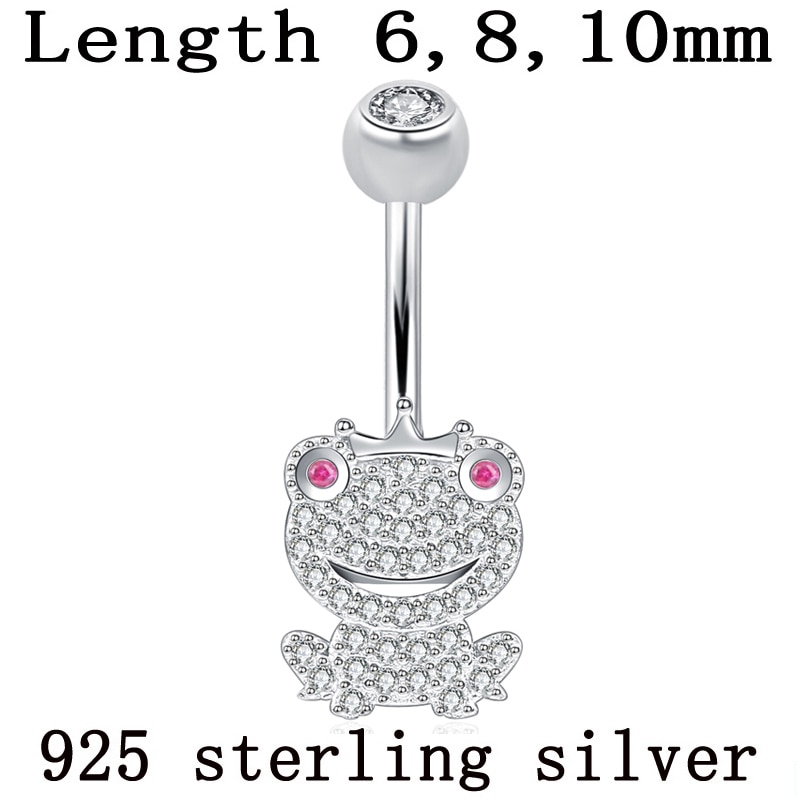 Belly Button Ring Dier Kikker 925 Sterling Zilveren Kroon Geen Allergische Body Piercing Sieraden Zirkoon Steen Lange Korte Pin Lengte