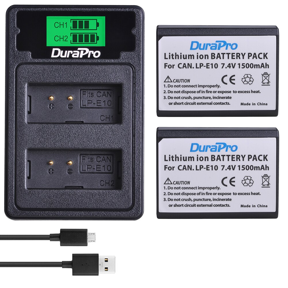 Batterie avec chargeur pour Canon EOS 1300D, EOS 1100D, EOS 1200D, Rebel T5, Rebel T6, Rebel T3, 1500mAh, LPE10, LP-E10: 2Battery 1Charger