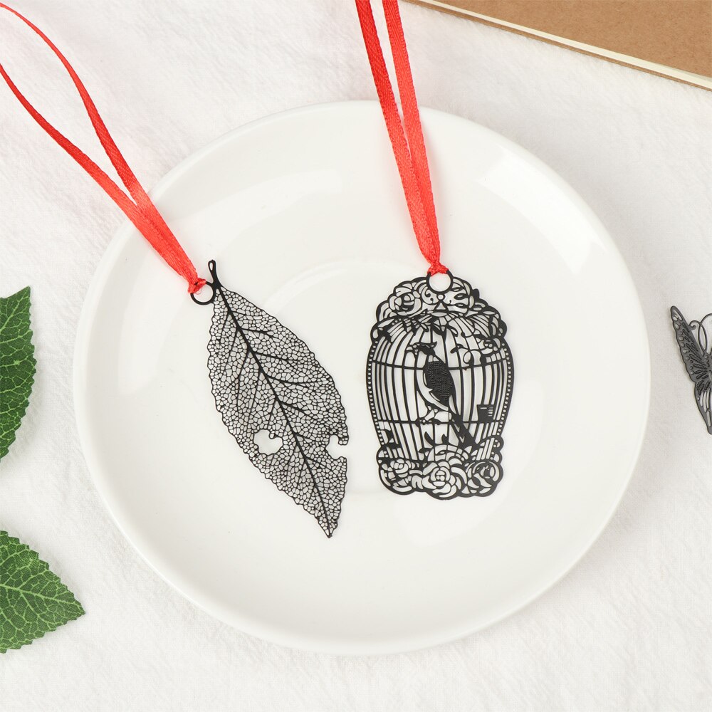 Beautiful Hollow Metal Bookmark With Red Strap Students Stationery Chinese Style Black Leaf Butterfly Feather Book Markers