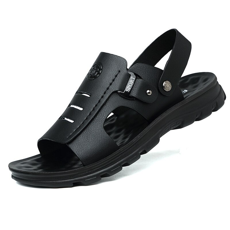 Sandalias ligeras y cómodas para hombre, zapatos informales de cuero suave, para la playa y caminar al aire libre: Negro / 44