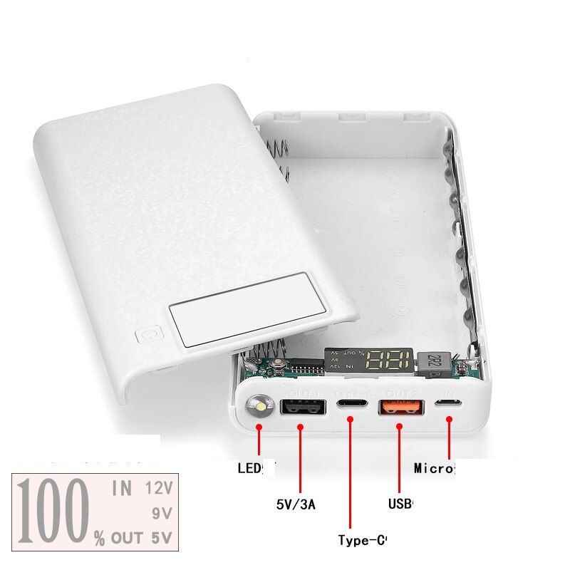 3.0 usb power bank oplader taske diy pack 8x 18650 batteri taske til mobiltelefon med fakkel: Hvid