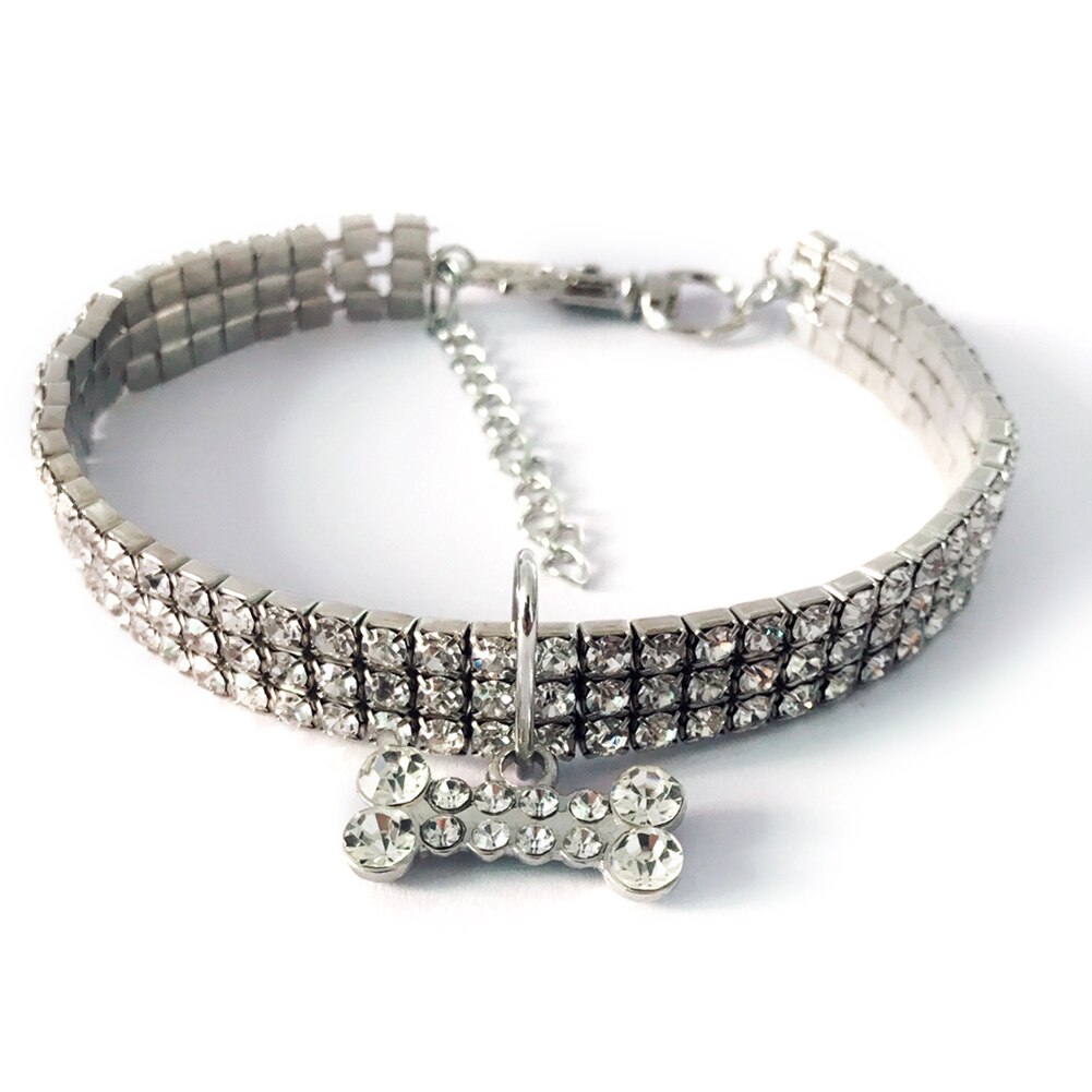 Collares elásticos con diamantes de imitación para mascotas, collares de cristal para perros y gatos, accesorios para perros, suministros para mascotas, 3 filas, 1 ud.,: White M