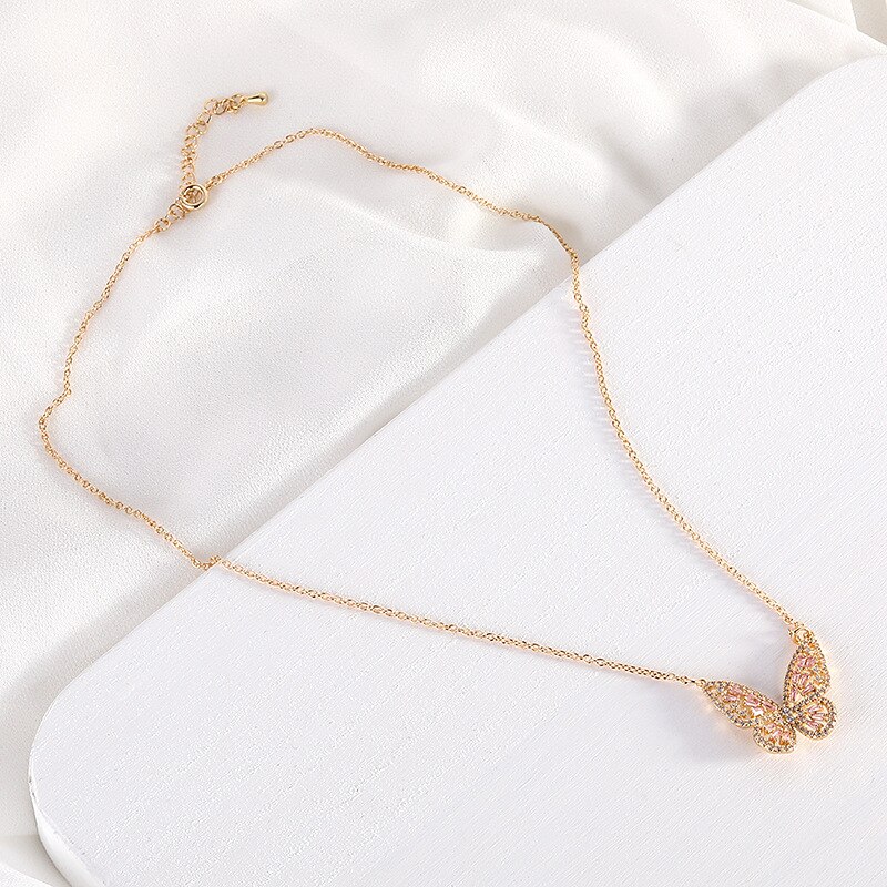 glänzend Seite Neue Zubehör Kristall Schmetterling Anhänger & halsketten für Frauen Elegante Zirkonia Kette Halsband Halsketten