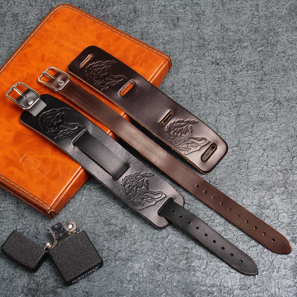 Pulsera de cuero con cabeza de Lobo para hombre, brazalete con adorno en relieve, estilo Punk Rock,