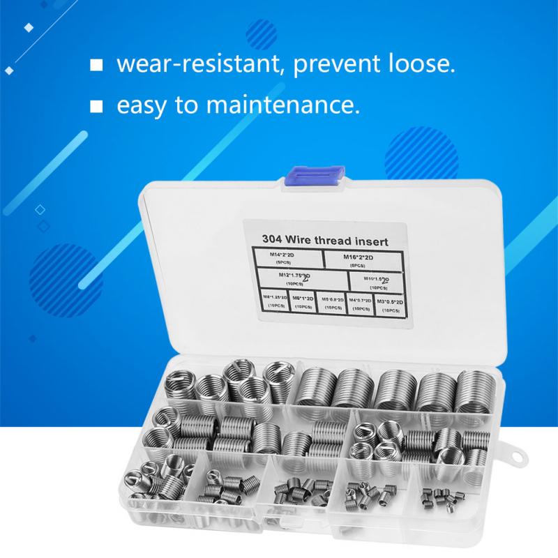 80Pcs/Set M3-M14 Thread Repair Insert SS304 Coiled Wire Helical Screw Threaded Inserts Assortment Kit Fastener Stainless Steel