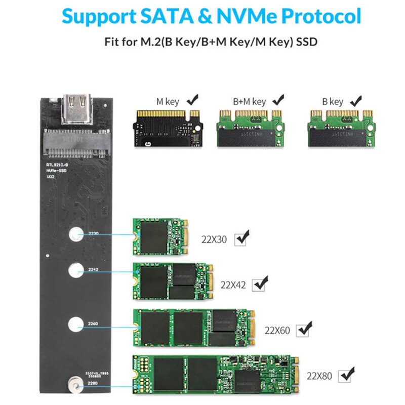 10Gbps USB Type C M.2 SATA NVME 2230/2242/2260/2280 SSD External Enclosure Box NVME PCIE NGFF SATA M/B Key Hard Drive Disk Case