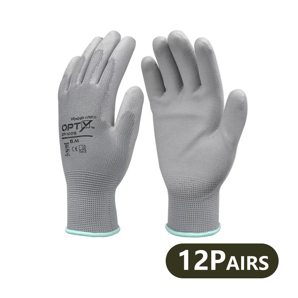12 Pairs of safety coated work gloves, PU gloves and palm coated mechanical work gloves, obtained CE EN388: WHITE / M