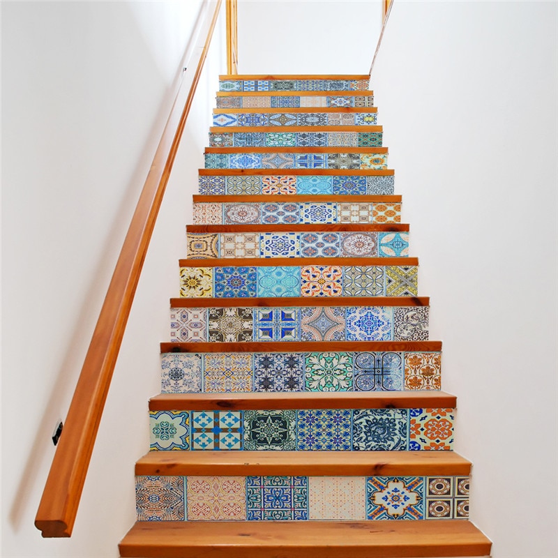 13 stk/sæt diy 3d trappe farverige klistermærker keramiske fliser mønster til hustrapper dekoration trappe vægklistermærke