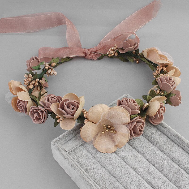 Tocado de novia con corona de rosas, diadema de encaje Floral a la , diadema Tricolor opcional, diadema de playa: Castaño