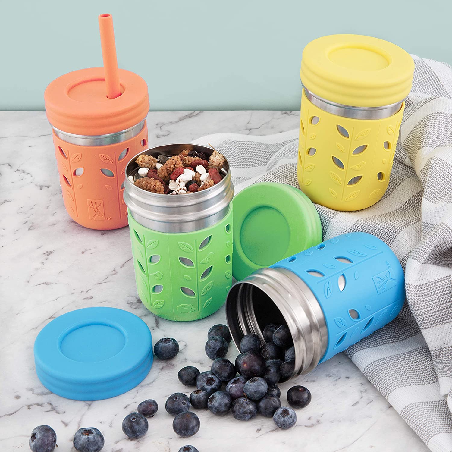 Stainless Steel Cups Mason Jar 10oz Kids Drinking Cups with Silicone Sleeves & Straws Leakproof Stopper Sippy Smoothie Mugs