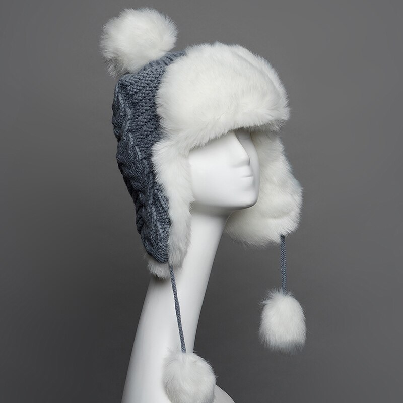 Gours – chapeaux en fausse fourrure russe pour femme, couvre-chef épais et , en tricot, à la , hiver, GLH030: Blue