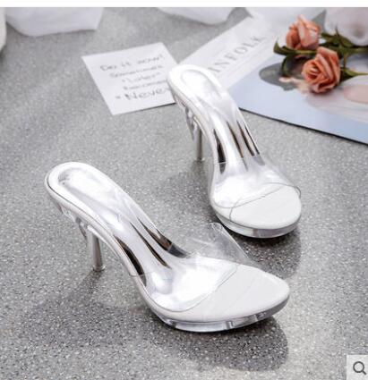 Women Slippers High Heeled 9.5CM Women Mules PVC Transparent Jelly Shoes Clear Open Toe Party Shoes Ladies Pumps: White / 5