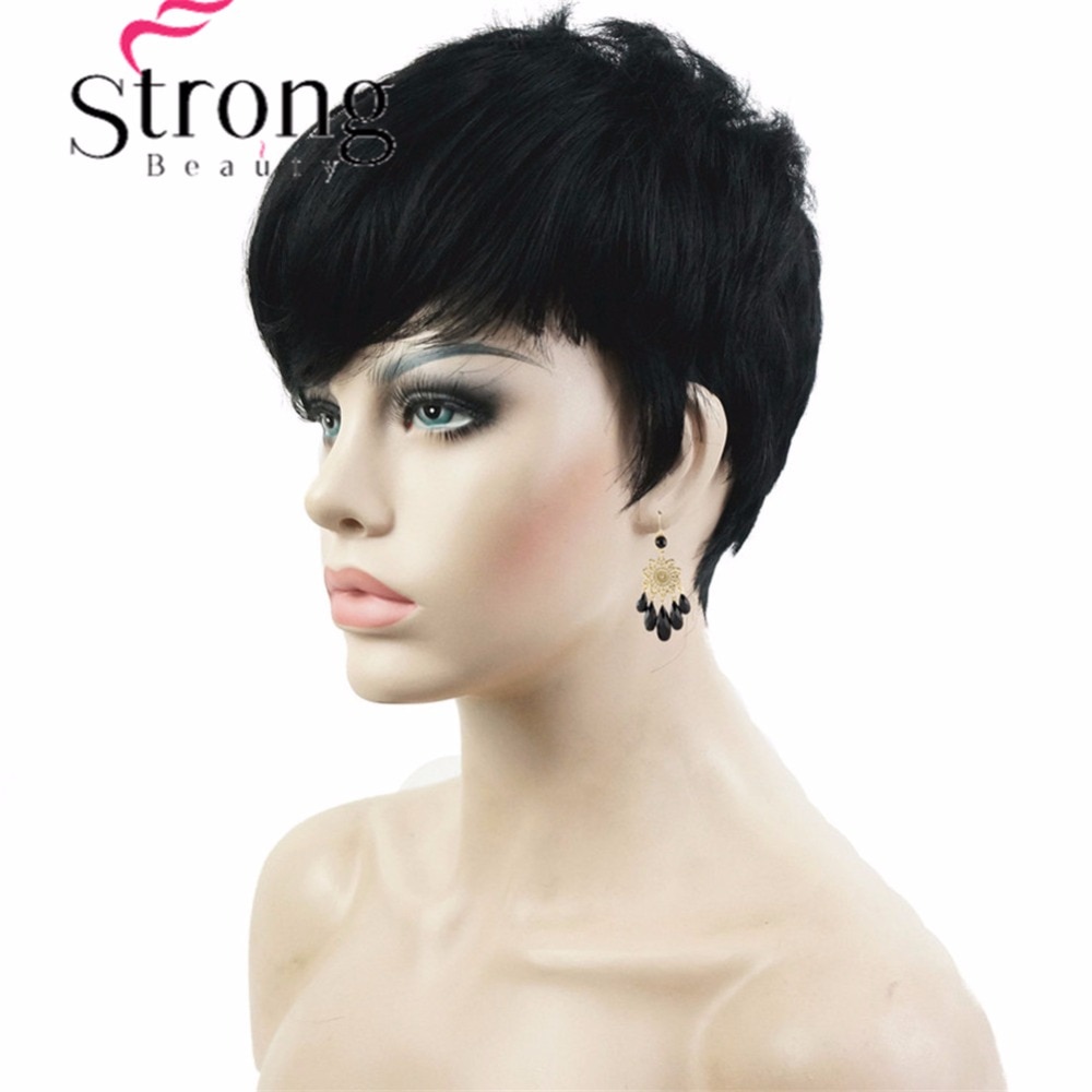 Peluca corta StrongBeauty, pelucas totalmente sintéticas asimétricas de explosión lateral, opciones de color negro y rojo