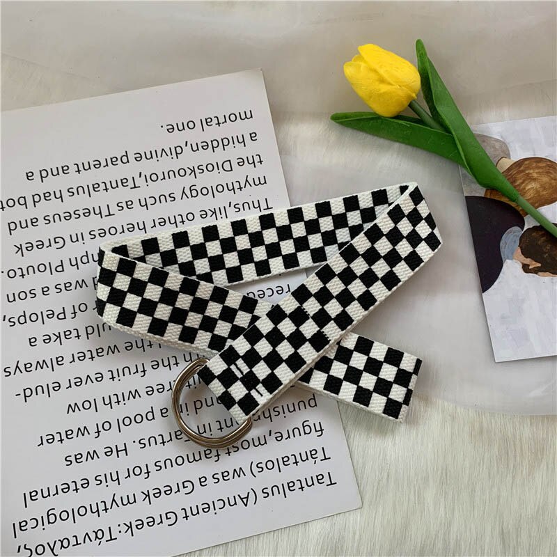 Cinturón de para mujer, pantalones vaqueros de lona informales, encantadores cinturones para mujer, hebilla a cuadros negra y blanca, Correa larga de 120cm, cinturón con hebilla: A belt