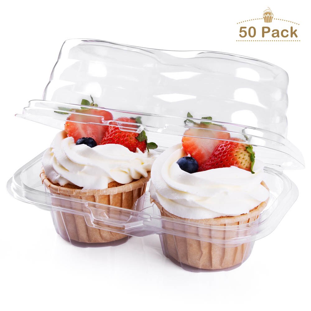 50pcs Kitchen Storage Transparent Paper Cup Cake Box Storage Box 2 Cavity Stackable Small Cake Cup Disposable Packaging Box