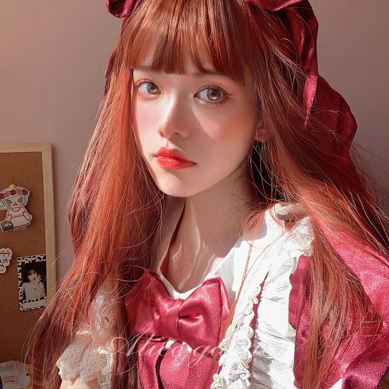 Estilo japonés animación lolita castaño oscuro largo liso COSPLAY del pelo peluca vieja señora pelo accesorios para el cabello de las mujeres