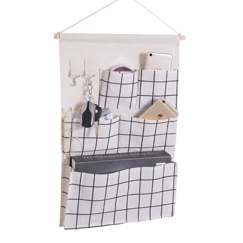 Plaid Hanging Bag Wall Closet Storage Bag with 5 Pockets and and 2 Hooks Bathroom Organizer