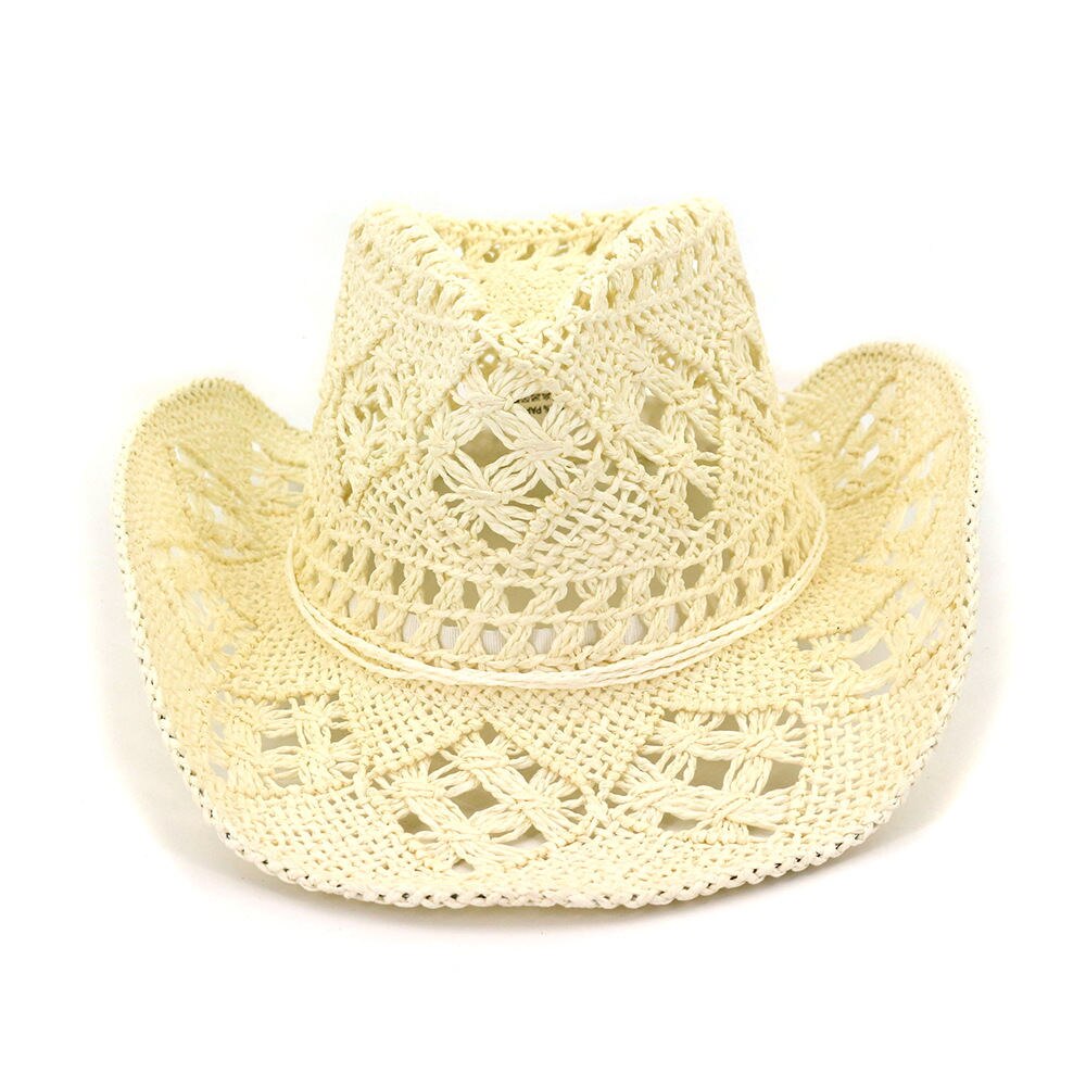 Sombrero vaquero hueco de rafia para hombres de verano con cuerda delgada de ala ancha rizada occidental gorro de protección solar Unisex sombreros: Milk white