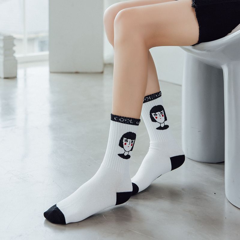 10 par / pakke sort hvid kvinder sokker lårhøje sokker sjovt mønster solid bomuld åndbart knæ høj sport løber afslappet sok