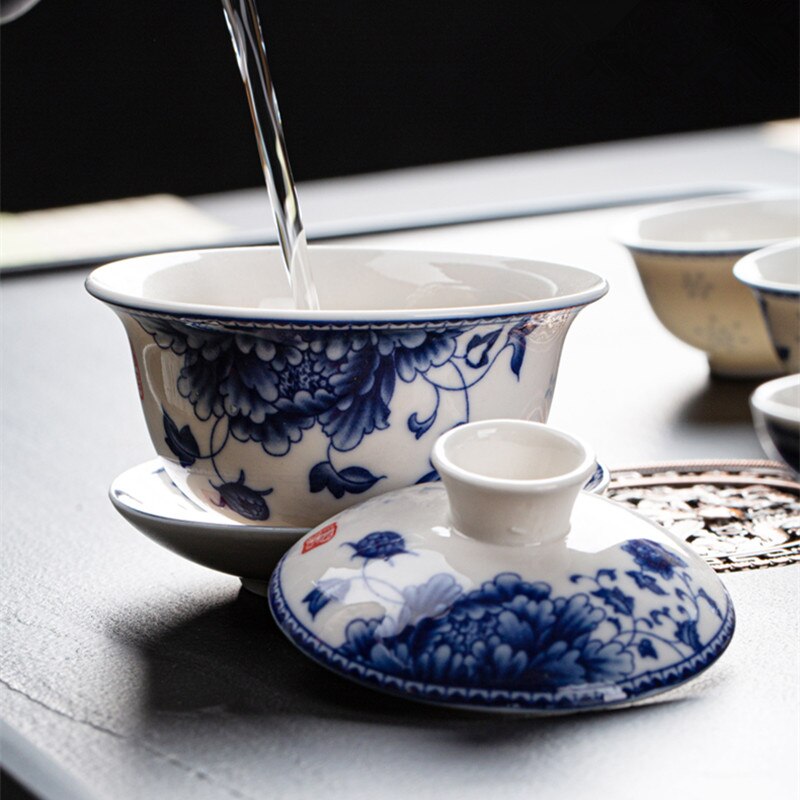 Porcelaine chinoise bleu-blanc gaiwan imprimé floral | Sous la soupière glaçure, tasse, bol, soucoupe, couvercle 150ml en