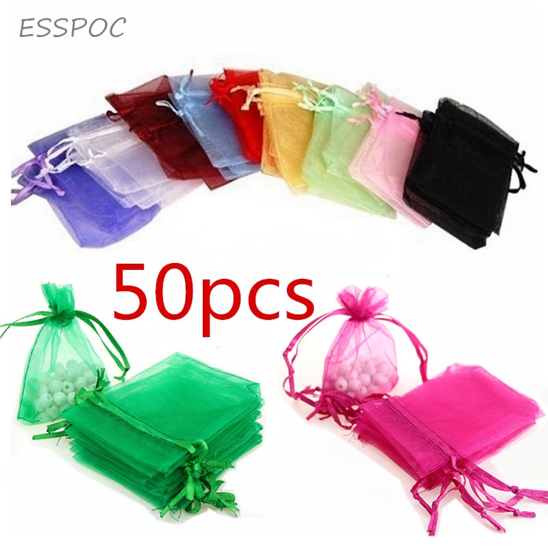 7x9CM Sheer Organza Bags Drawable Jewelry Pouch Packaging Bag Candy Bag for Wedding Prom Party Decor 50pcs/set