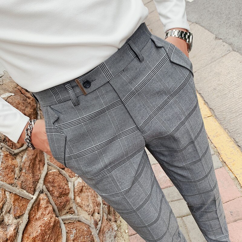 affaires décontracté Slim Fit Plaid pantalon hommes robe automne Slim Fit tout Match droit bureau pantalon vêtements de cérémonie: Light Gray / 32