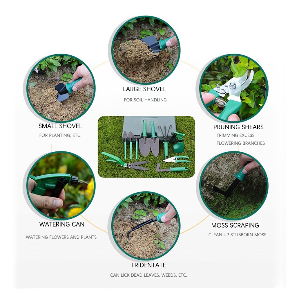 5 stk  / 10 stk (hvert sæt) potteblomster plantning havearbejde planteværktøjer mini haveværktøjssæt mørkegrøn / lilla