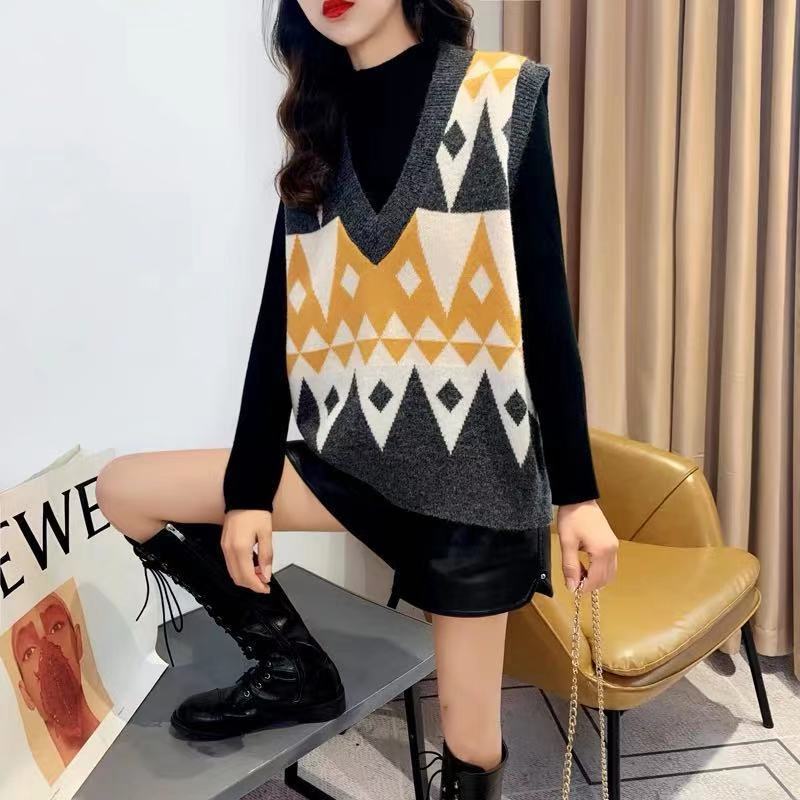 Trui Vest Vrouwen Breien Geometrische Argyle Retro Herfst Koreaanse Stijl Dames Truien Winter Alle-Match Uitloper Tieners Losse: gray / XXL
