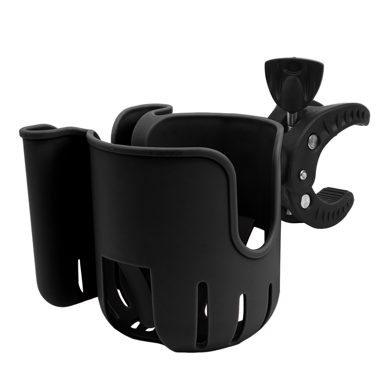 Universele 2-in-1 kinderwagen bekerhouder, 360 graden draaibare klem voor babyfles & mobiele telefoonhouder, kinderwagen accessoire: zwart