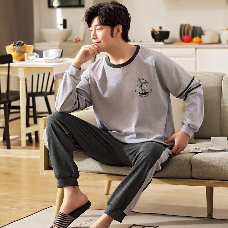 Outono cactus padrão conjuntos de pijamas masculinos manga longa topos calças compridas algodão puro completo homewear casual primavera sleepwear define L-4XL: XXXL