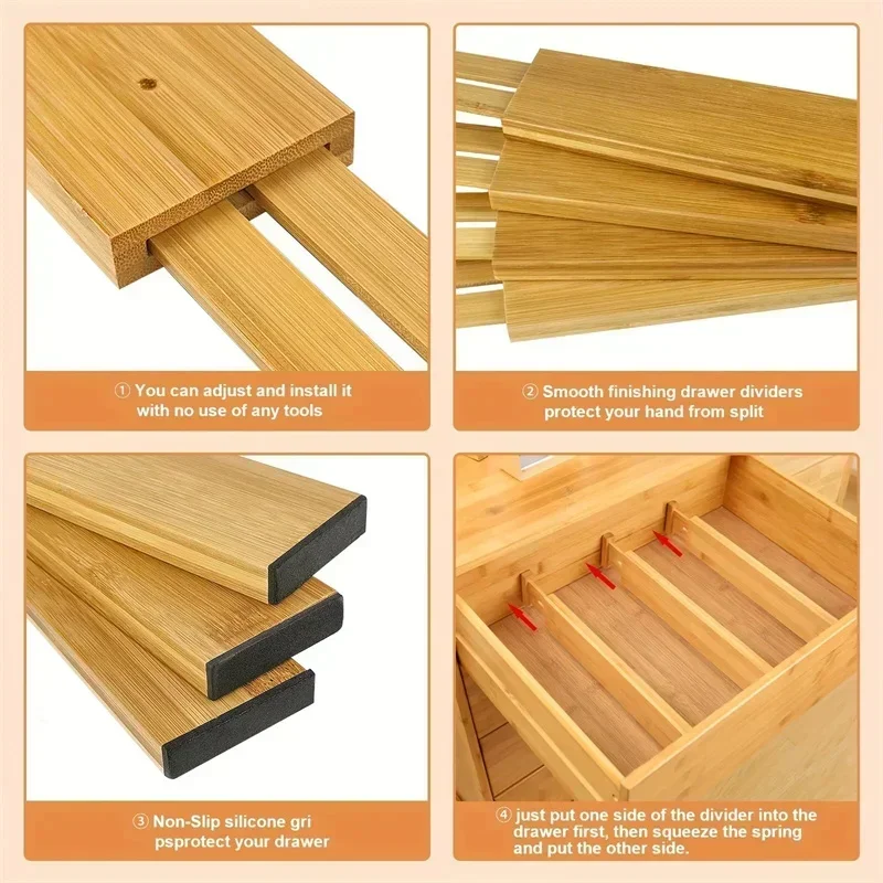 4 Stück Bambus-Schubladenteiler für Schlafzimmer, Küche, Schublade, Aufbewahrung, verstellbar, erweiterbar, Schubladenteiler für Schrank, Schrank, Kleiderschrank