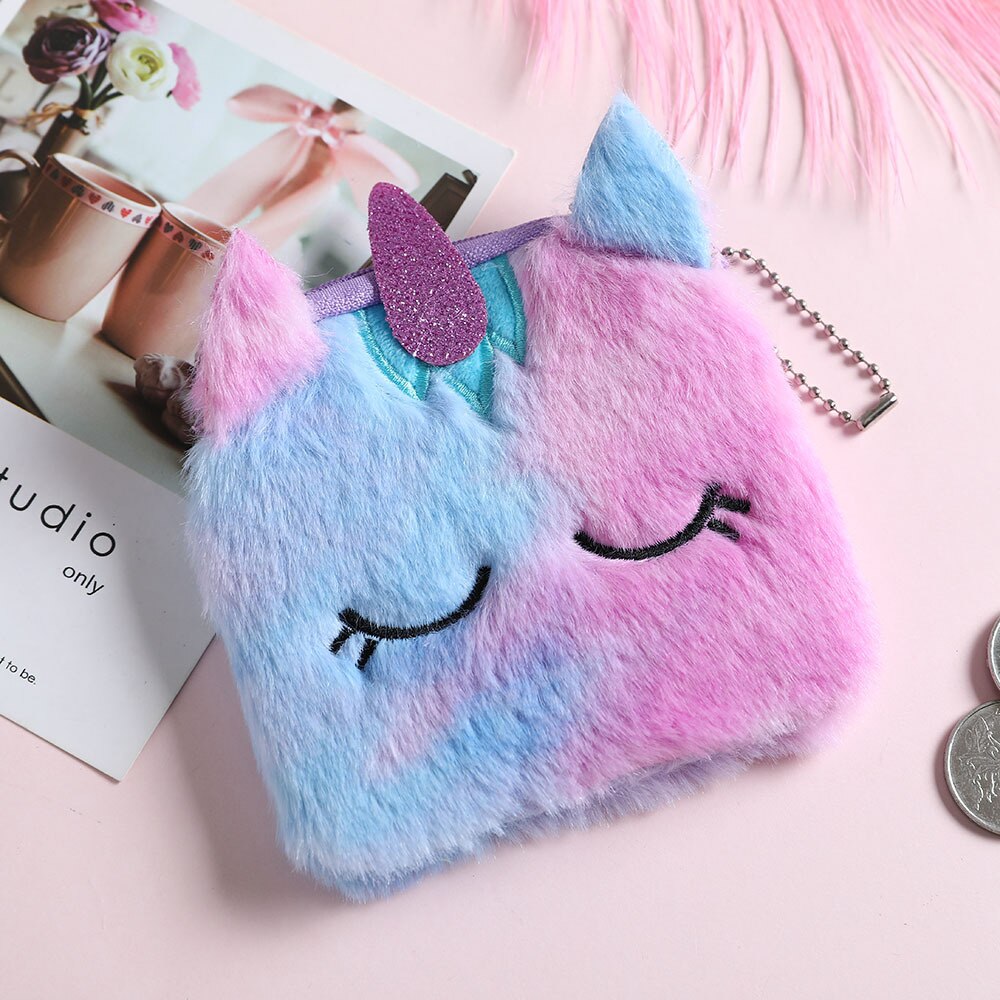 Cartoon Plush Unicorn Coin Purse Cute Cat Fur Circle Wallet Girl Clutch Embroidered Bag Key Earphone Organizer Pouch Kids: Blue