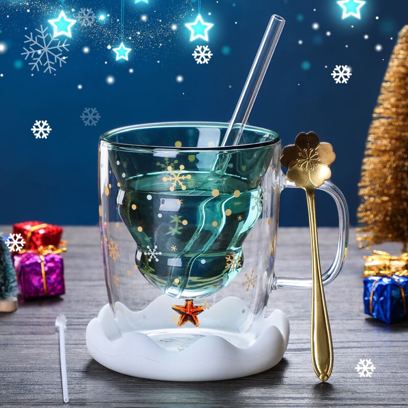 Christmas Mug Double Layered Anti Scald Glass Tree with Lid Glass Cup High Temperature Coffee Wishing Cup Xmas
