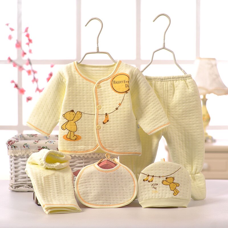 5pcs/sets Newborn Baby Unisex Clothing Soft Cotton Set Infant Long Sleeve Girls Shirt+pant Bibs Hat Suit Underwear