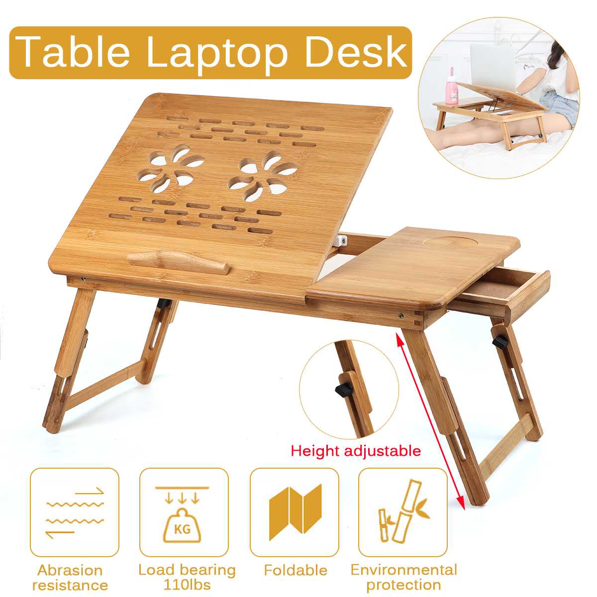 Bamboo Adjustable Laptop Desk Notebook Table Folding Breakfast Serving Tray Bed Table with Drawer Working in Bed Sofa W/Drawer