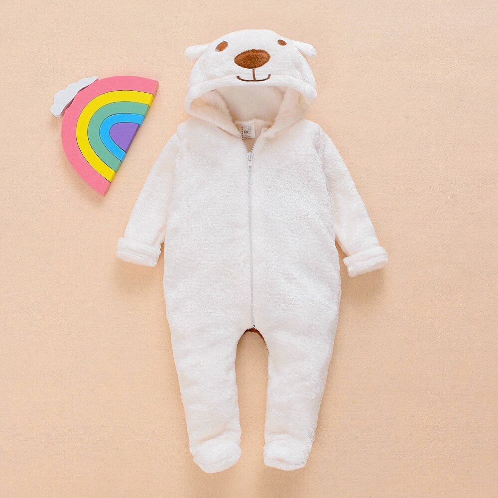 Focusnorm 0-12M Winter Baby Meisjes Jongens Rompertjes Fur Solid Cartoon Dragen Lange Mouw Rits Hooded Warm Jumpsuits