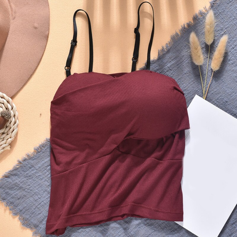 Sexig kvinnaväst sommar enfärgad slimmad crop top ärmlös sele kort stötsäker push-up väst för kvinnor: Röd