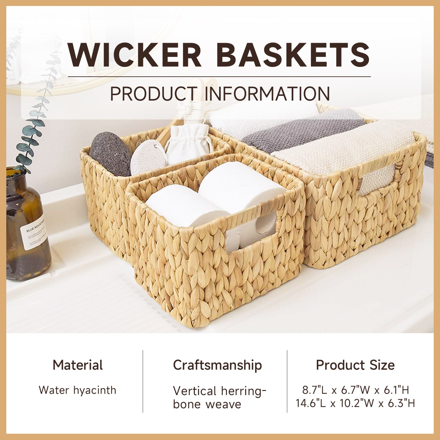 Organizer For Cosmetics 3 Sections Wicker Baskets for Shelves Hand-Woven Storage Baskets Bathroom Organization Water Hyacinth