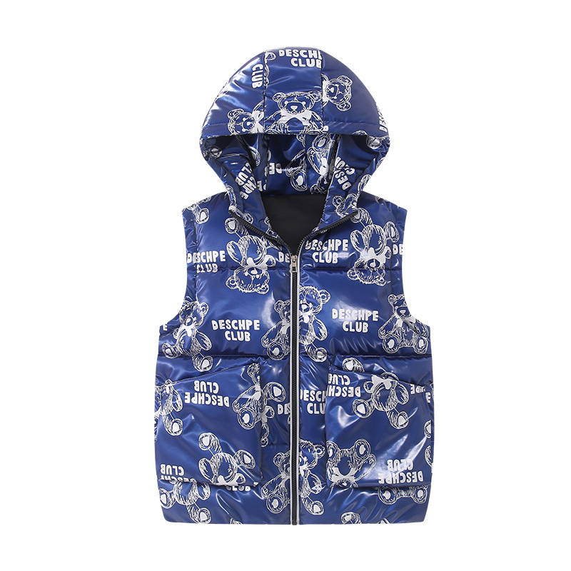 Inverno quente sem mangas jaqueta de algodão jaqueta infantil grosso com capuz para baixo colete de algodão menino adolescente azul dos desenhos animados impressão zip colete 4-13 y