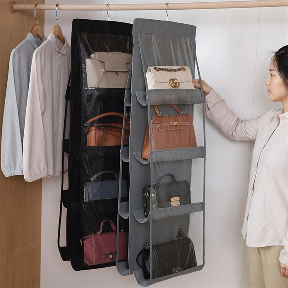 6/8 cells Transparent Hanging Bag Dual-Side Dust-Proof Wardrobe Closet Leather Bag Storage Sundry Shoe Underwear with Hanger